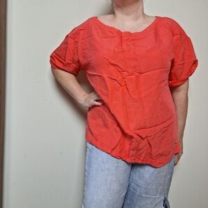 A New Day Pink Boxy Puff Sleeve Linen Blend Top Size XL